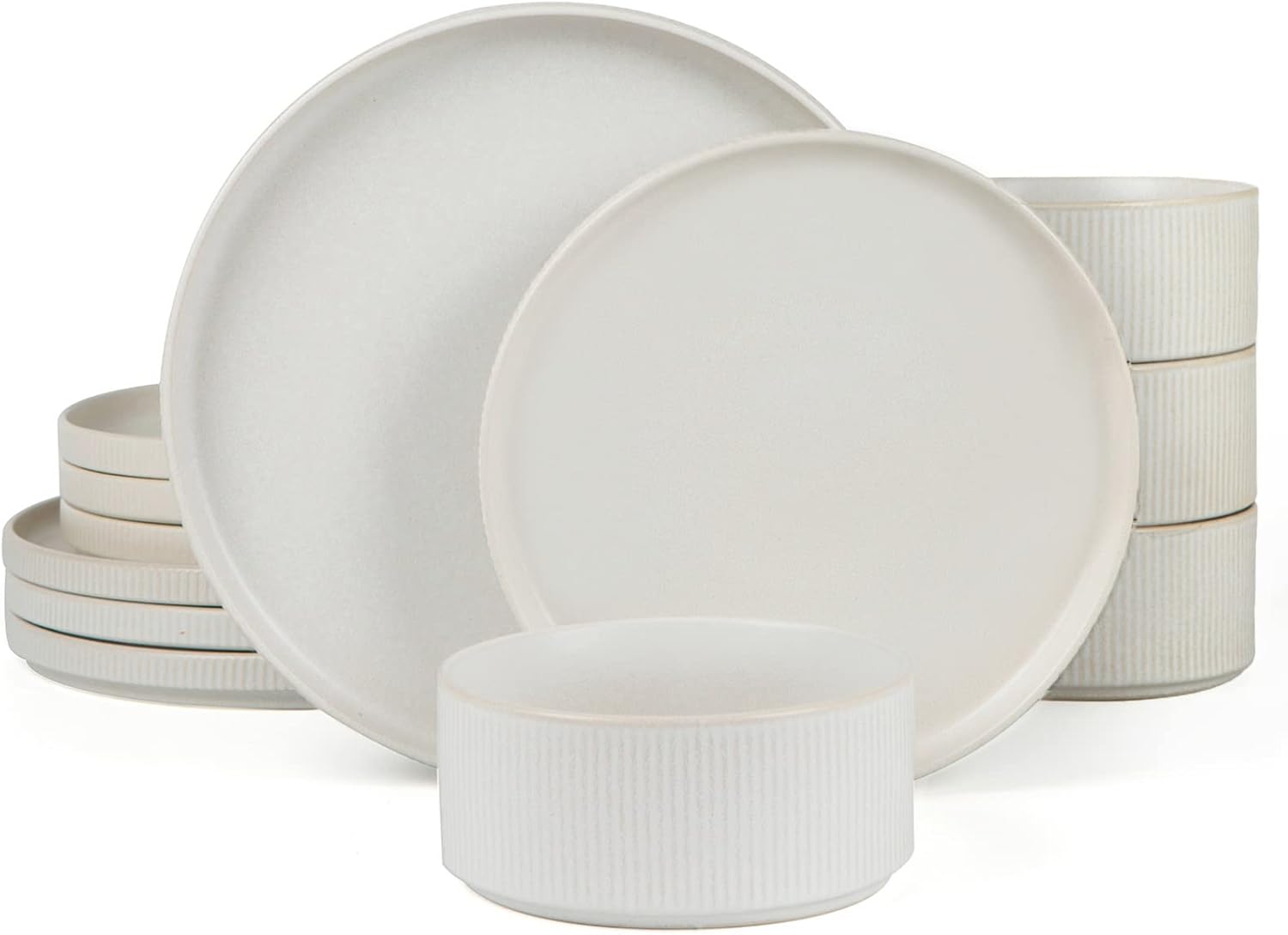 ONE of ONE Dinnerware Sets, Plates and Bowls Set for 4, 12 Pieces Ribbed Dishes - Chip and Scratch Resistant, Microwave and Dishwasher Safe Tableware, Matte White