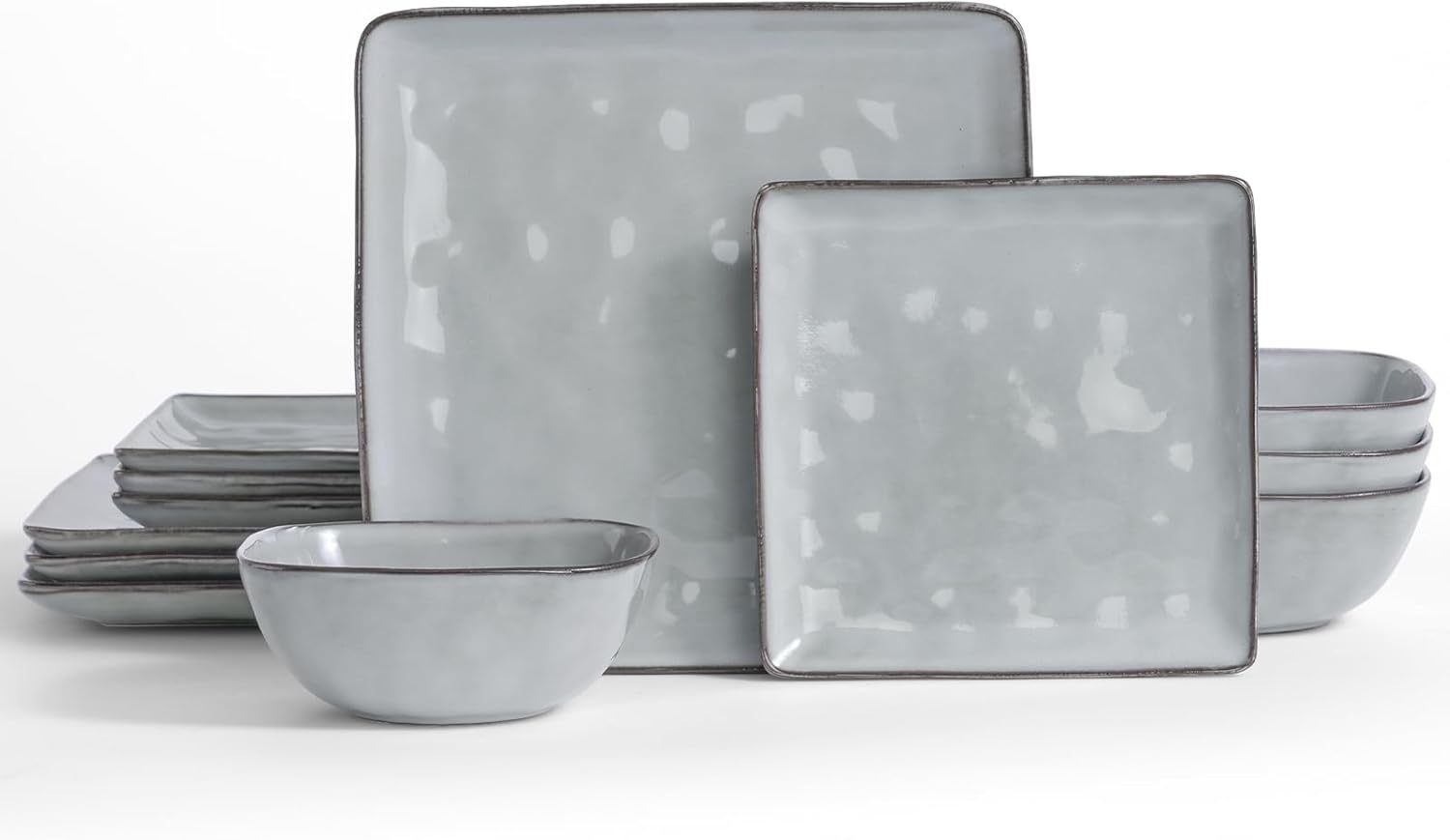 ONE of ONE Dinnerware Sets for 4, Ocean Square 12-Piece Kitchen Plates and Bowls Sets, Reactive Glaze, Microwave and Dishwasher Safe, Scratch Resistant, Gray.