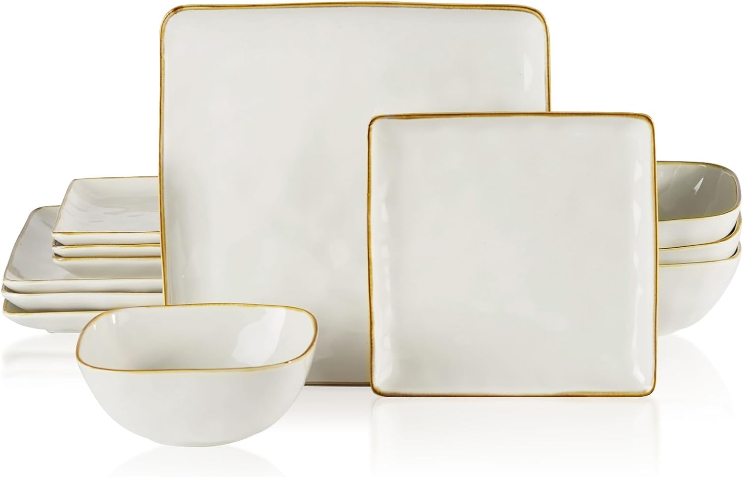 ONE of ONE Dinnerware Sets for 4, Ocean Square 12-Piece Kitchen Plates and Bowls Sets, Reactive Glaze, Microwave and Dishwasher Safe, Scratch Resistant, Cappuccino White