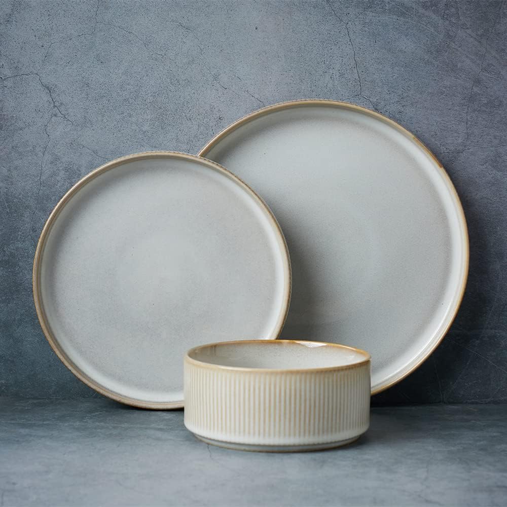One of One Dinnerware Sets, Plates and Bowls Set for 4, 12 Pieces Ribbed Dishes - Chip and Scratch Resistant, Microwave and Dishwasher Safe Tableware, Cappuccino White