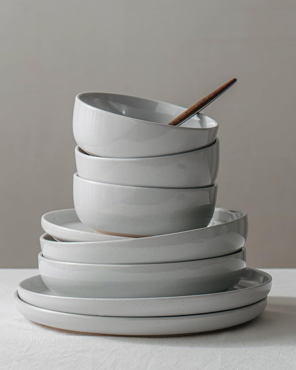 ONE of ONE Plates and Bowls Set, 12 Pieces Dinnerware Sets, Dishes Set for 4, Light Gray.