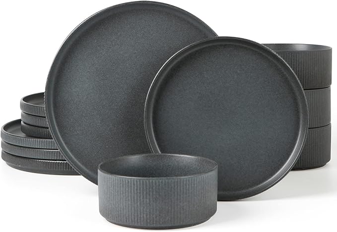 ONE of ONE Dinnerware Sets, Plates and Bowls Set for 4, 12 Pieces Ribbed Dishes - Chip and Scratch Resistant, Microwave and Dishwasher Safe Tableware, Matte Dark Charcoal