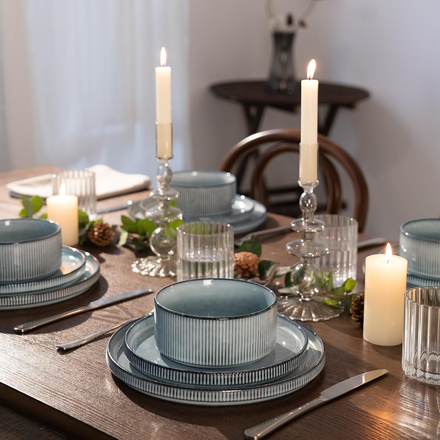 ONE of ONE Dinnerware Sets, Plates and Bowls Set for 4, 12 Pieces Ribbed Dishes - Chip and Scratch Resistant, Microwave and Dishwasher Safe Tableware, Smoky Blue