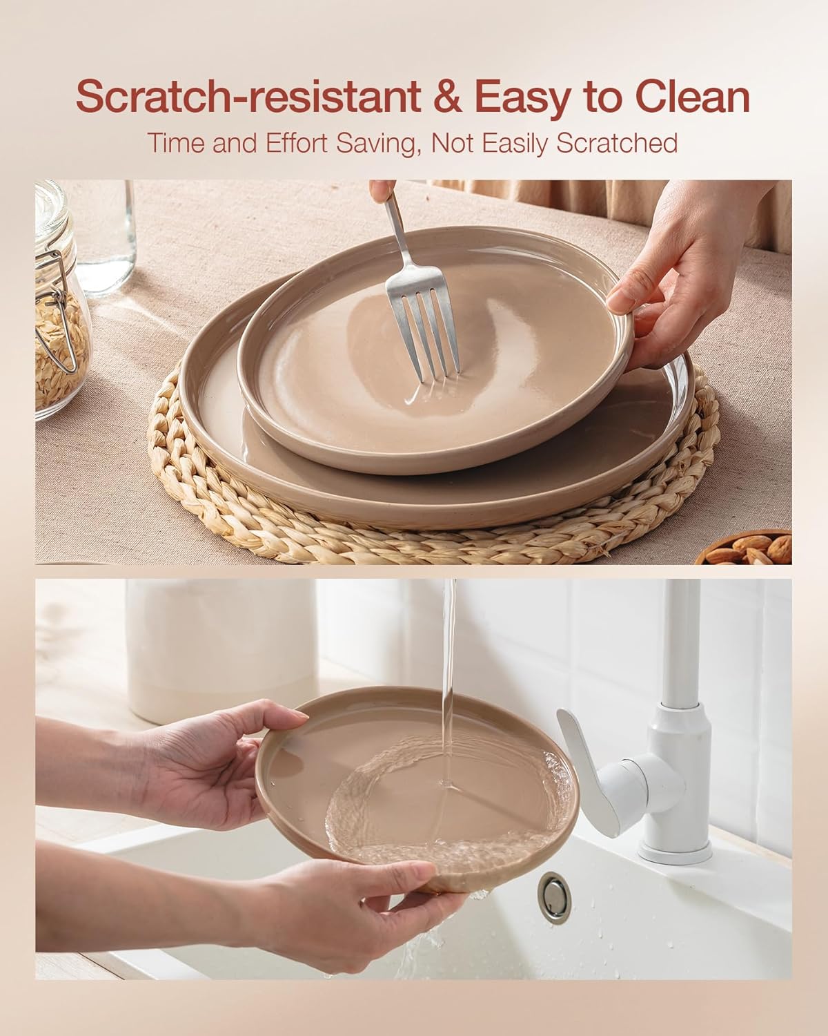 ONE of ONE Plates and Bowls Set, 12 Pieces Dinnerware Sets, Dishes Set for 4, Cinnamon Brown..