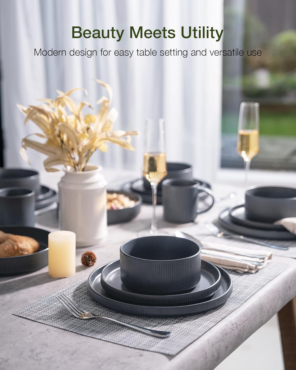 ONE of ONE Dinnerware Sets, Plates and Bowls Set for 4, 12 Pieces Ribbed Dishes - Chip and Scratch Resistant, Microwave and Dishwasher Safe Tableware, Matte Dark Charcoal