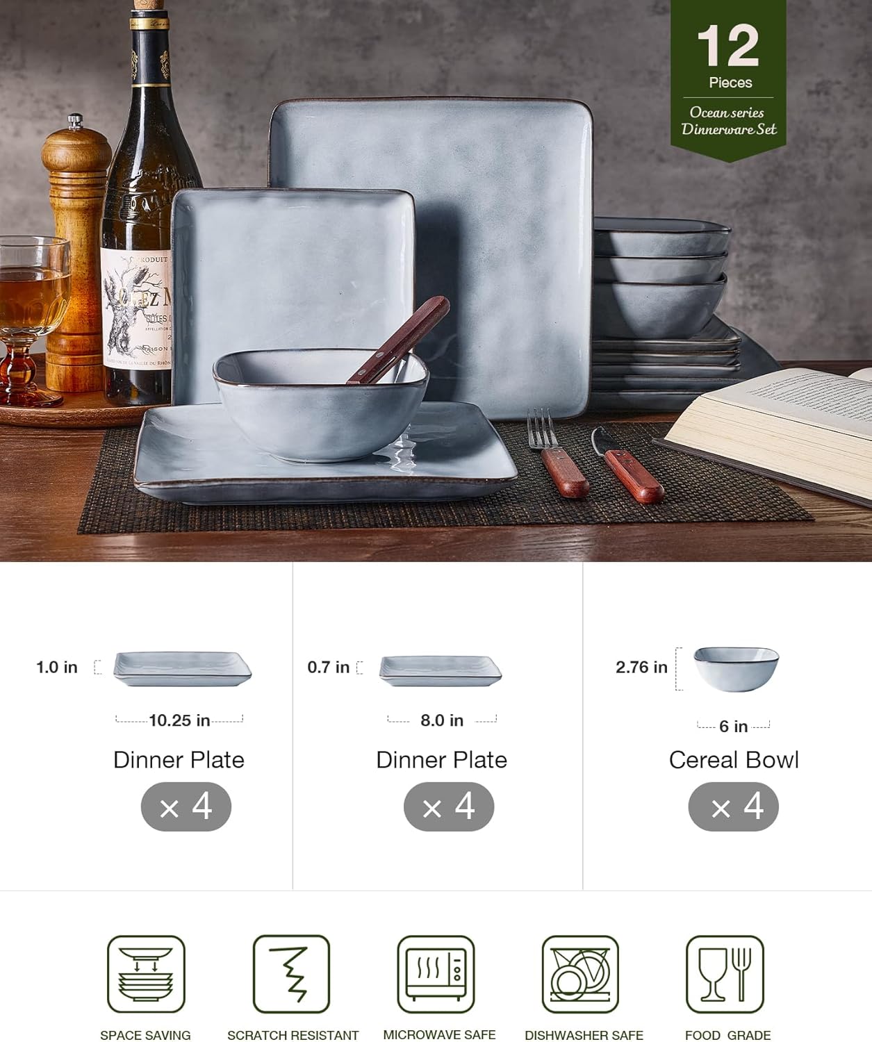 ONE of ONE Dinnerware Sets for 4, Ocean Square 12-Piece Kitchen Plates and Bowls Sets, Reactive Glaze, Microwave and Dishwasher Safe, Scratch Resistant, Gray.