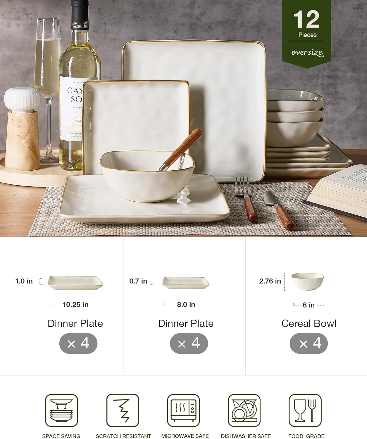 ONE of ONE Dinnerware Sets for 4, Ocean Square 12-Piece Kitchen Plates and Bowls Sets, Reactive Glaze, Microwave and Dishwasher Safe, Scratch Resistant, Cappuccino White