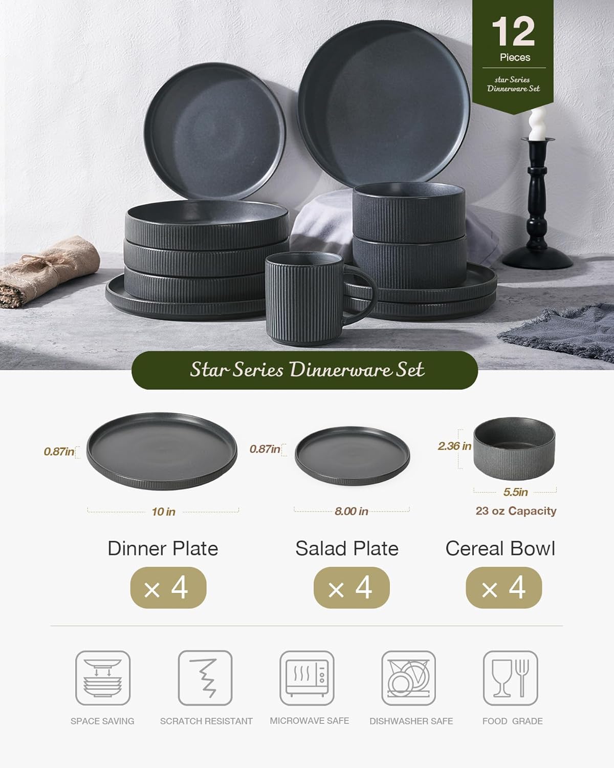 ONE of ONE Dinnerware Sets, Plates and Bowls Set for 4, 12 Pieces Ribbed Dishes - Chip and Scratch Resistant, Microwave and Dishwasher Safe Tableware, Matte Dark Charcoal