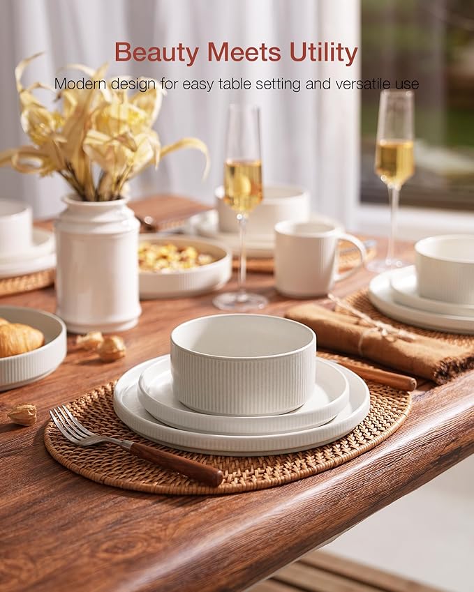 ONE of ONE Dinnerware Sets, Plates and Bowls Set for 4, 12 Pieces Ribbed Dishes - Chip and Scratch Resistant, Microwave and Dishwasher Safe Tableware, Matte White