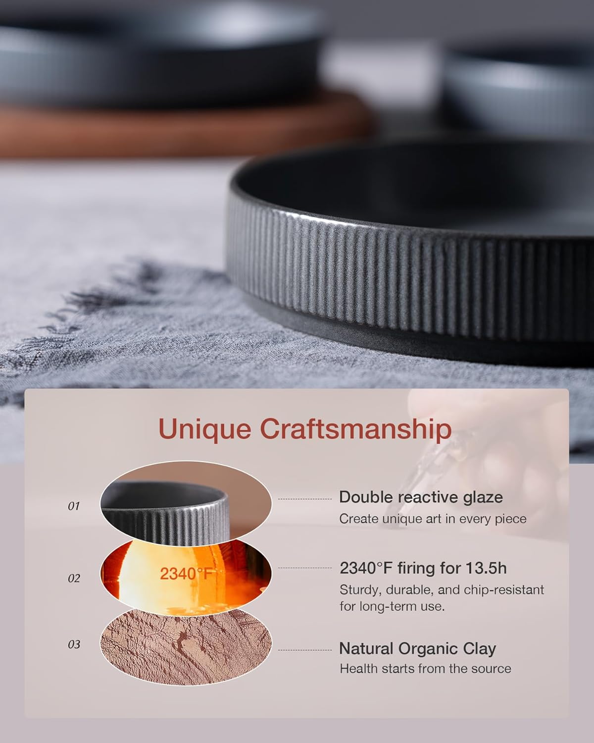 ONE of ONE 7.5" Pasta Bowls Set, Salad Bowl Set of 4, Double Reactive Glaze, Stackable, Ideal for Your Friend for Housewarming, Festivals, Matte Dark Charcoal (Full Glaze)