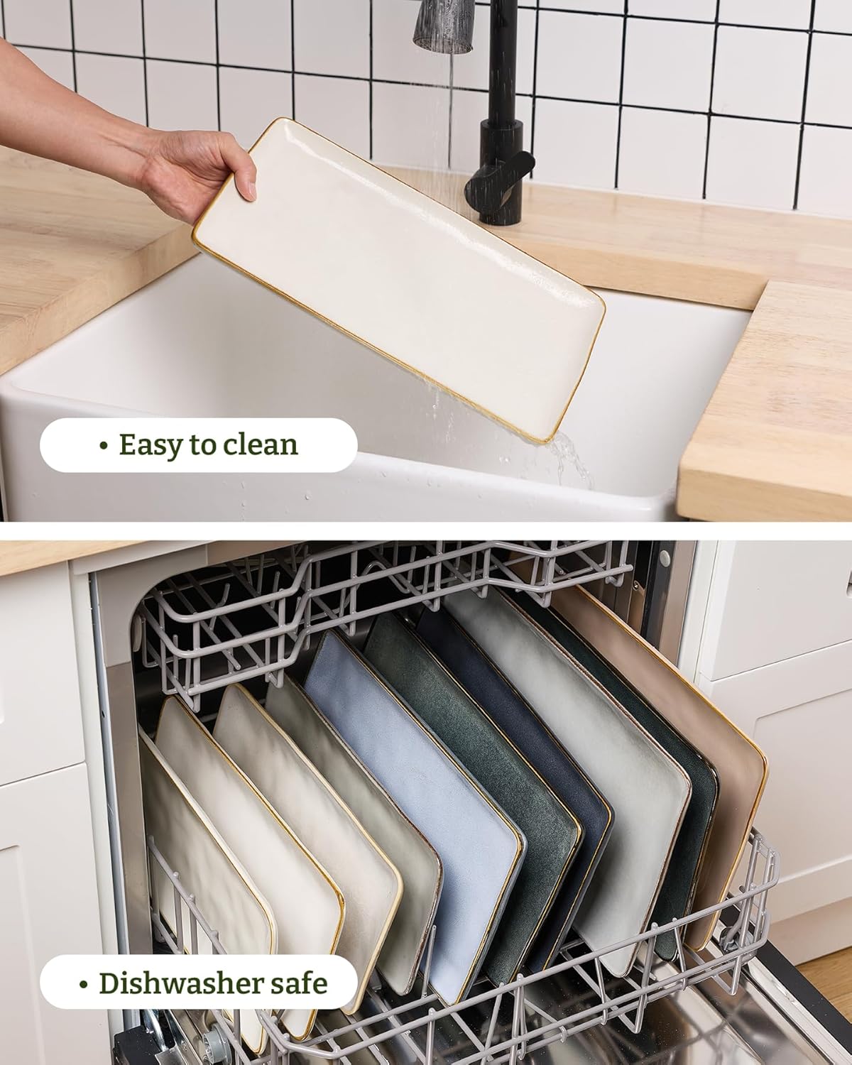 ONE of ONE Serving Platter, Rectangular 15.67/14.1/12.6inch Serving Dishes for Entertaining, Microwave Dishwasher Safe, Stoneware Serving Trays for Party, Turkey, Cheese, Ocean Series, Vanilla White