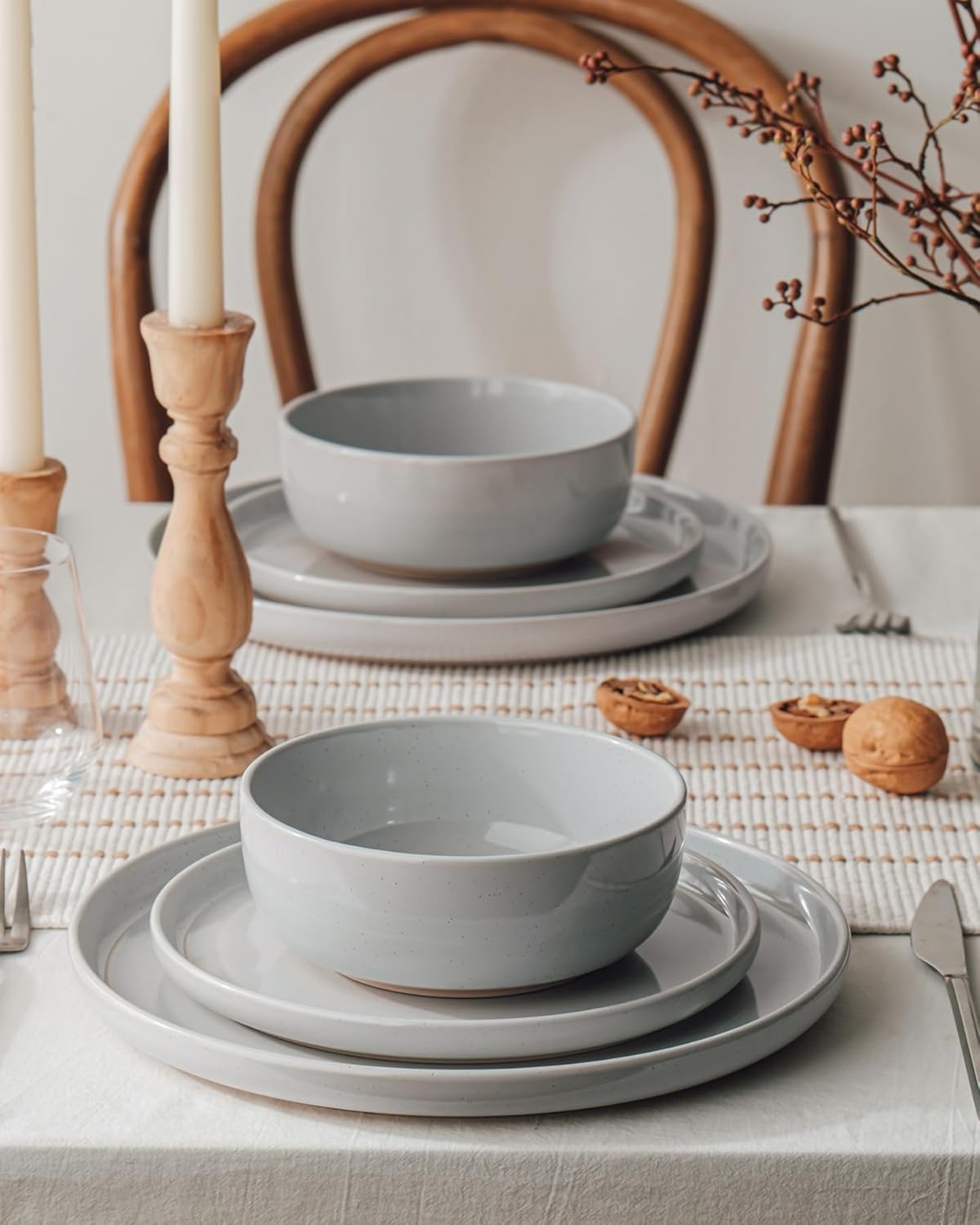 ONE of ONE Plates and Bowls Set, 12 Pieces Dinnerware Sets, Dishes Set for 4, Light Gray.
