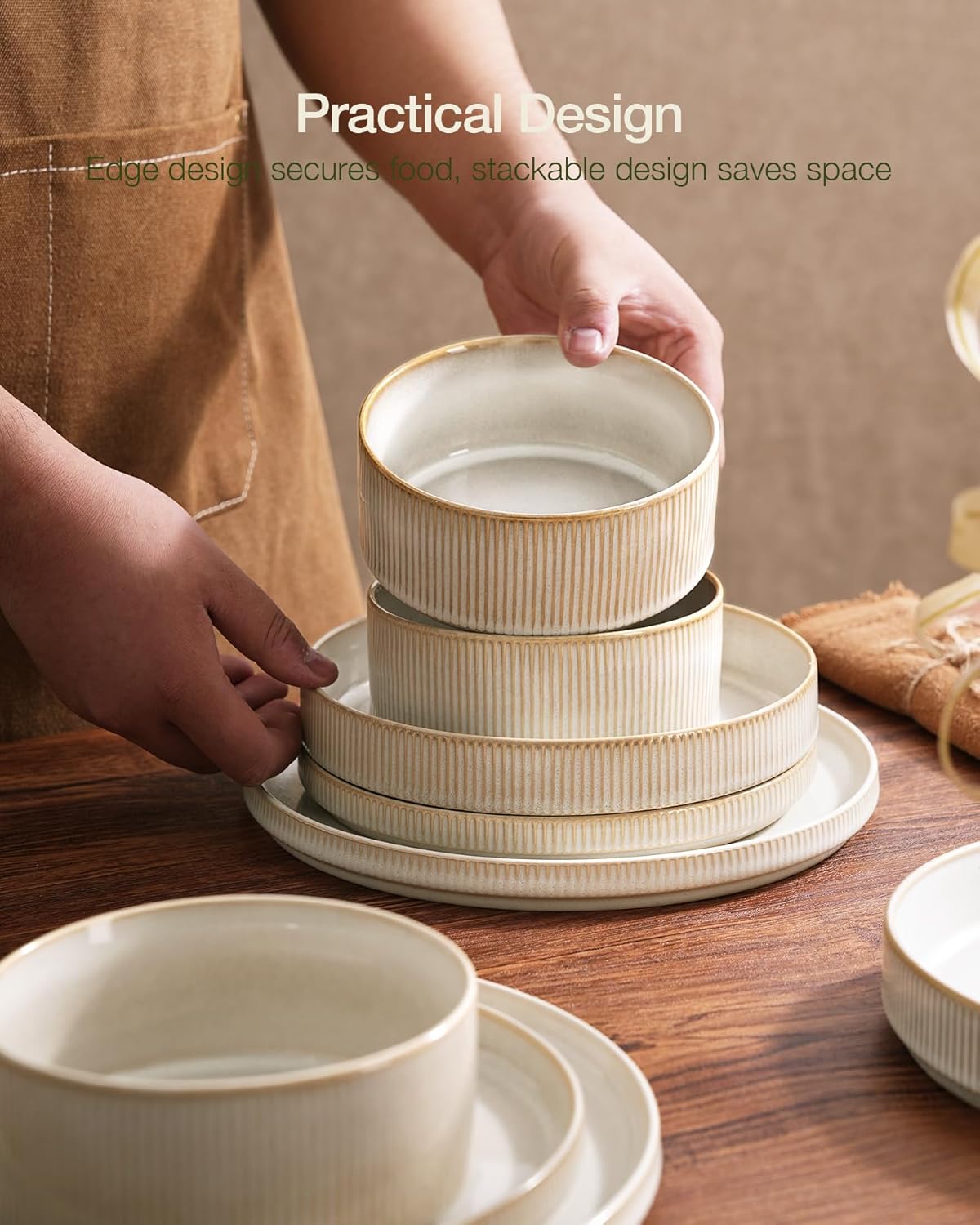 One of One Dinnerware Sets, Plates and Bowls Set for 4, 12 Pieces Ribbed Dishes - Chip and Scratch Resistant, Microwave and Dishwasher Safe Tableware, Cappuccino White