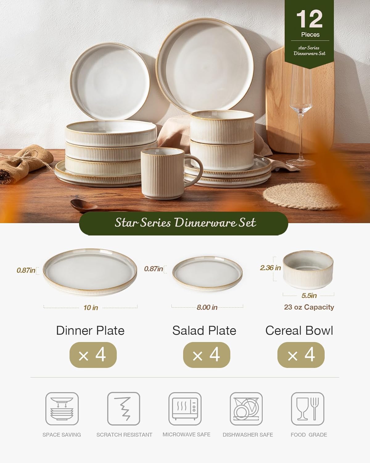 One of One Dinnerware Sets, Plates and Bowls Set for 4, 12 Pieces Ribbed Dishes - Chip and Scratch Resistant, Microwave and Dishwasher Safe Tableware, Cappuccino White