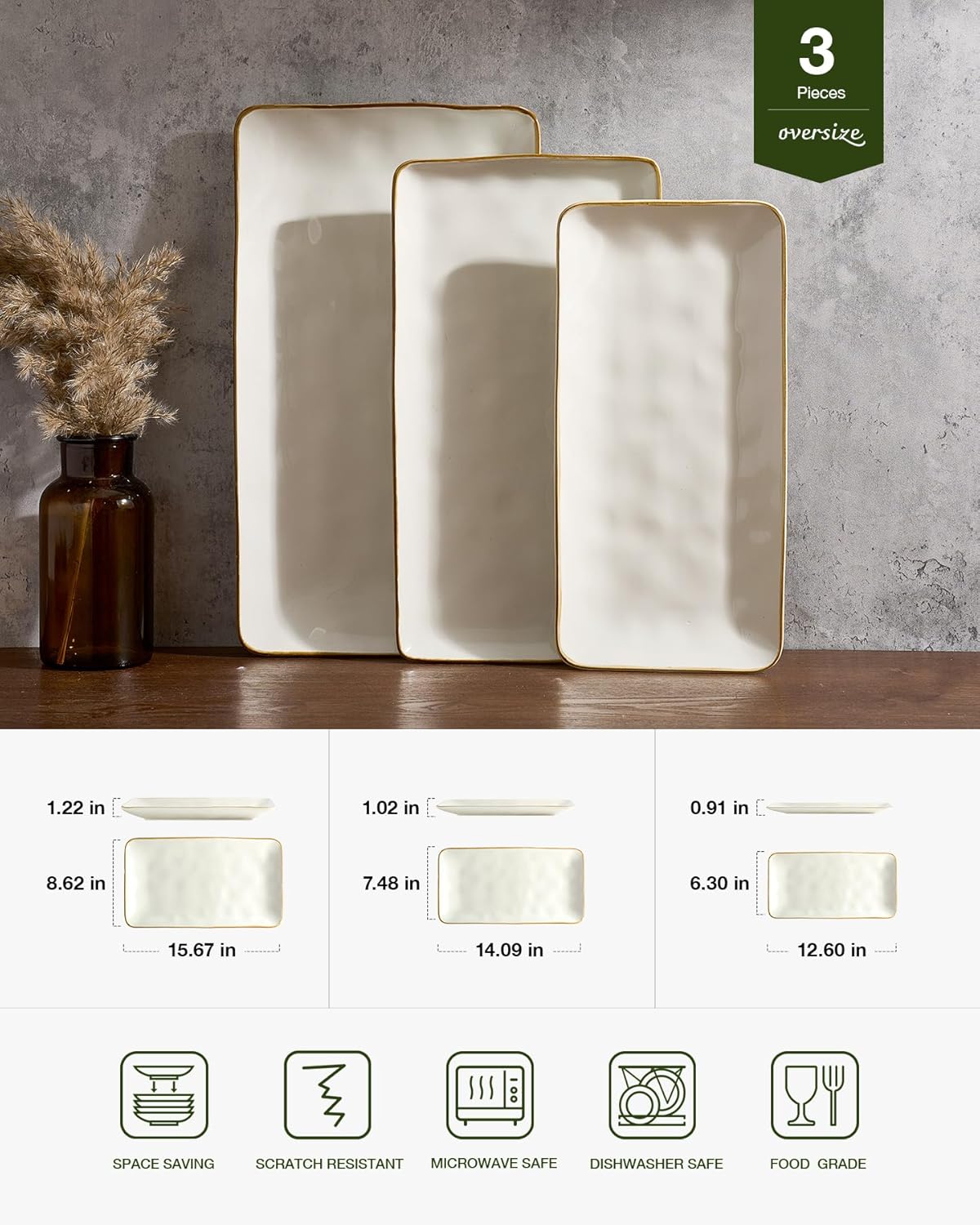 ONE of ONE Serving Platter, Rectangular 15.67/14.1/12.6inch Serving Dishes for Entertaining, Microwave Dishwasher Safe, Stoneware Serving Trays for Party, Turkey, Cheese, Ocean Series, Vanilla White