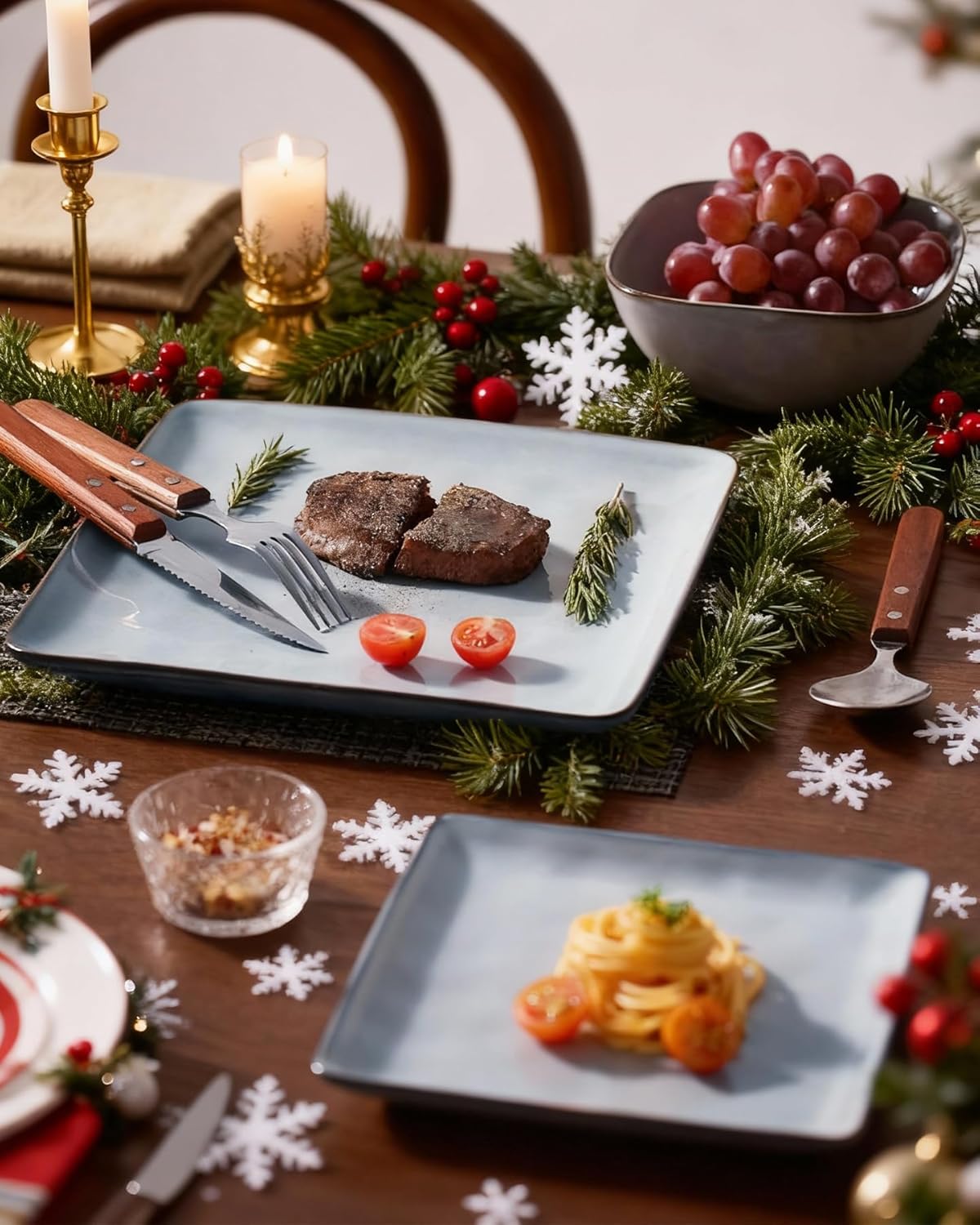 ONE of ONE Dinnerware Sets for 4, Ocean Square 12-Piece Kitchen Plates and Bowls Sets, Reactive Glaze, Microwave and Dishwasher Safe, Scratch Resistant, Gray.