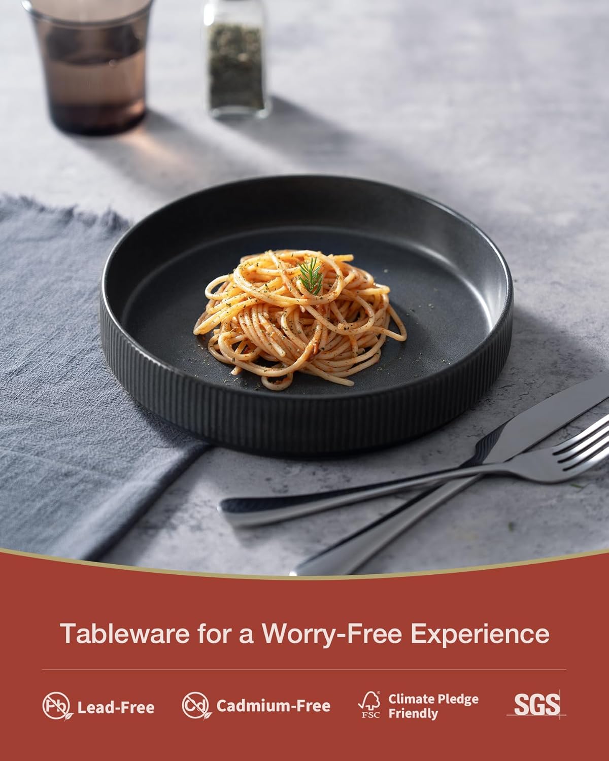 ONE of ONE 7.5" Pasta Bowls Set, Salad Bowl Set of 4, Double Reactive Glaze, Stackable, Ideal for Your Friend for Housewarming, Festivals, Matte Dark Charcoal (Full Glaze)