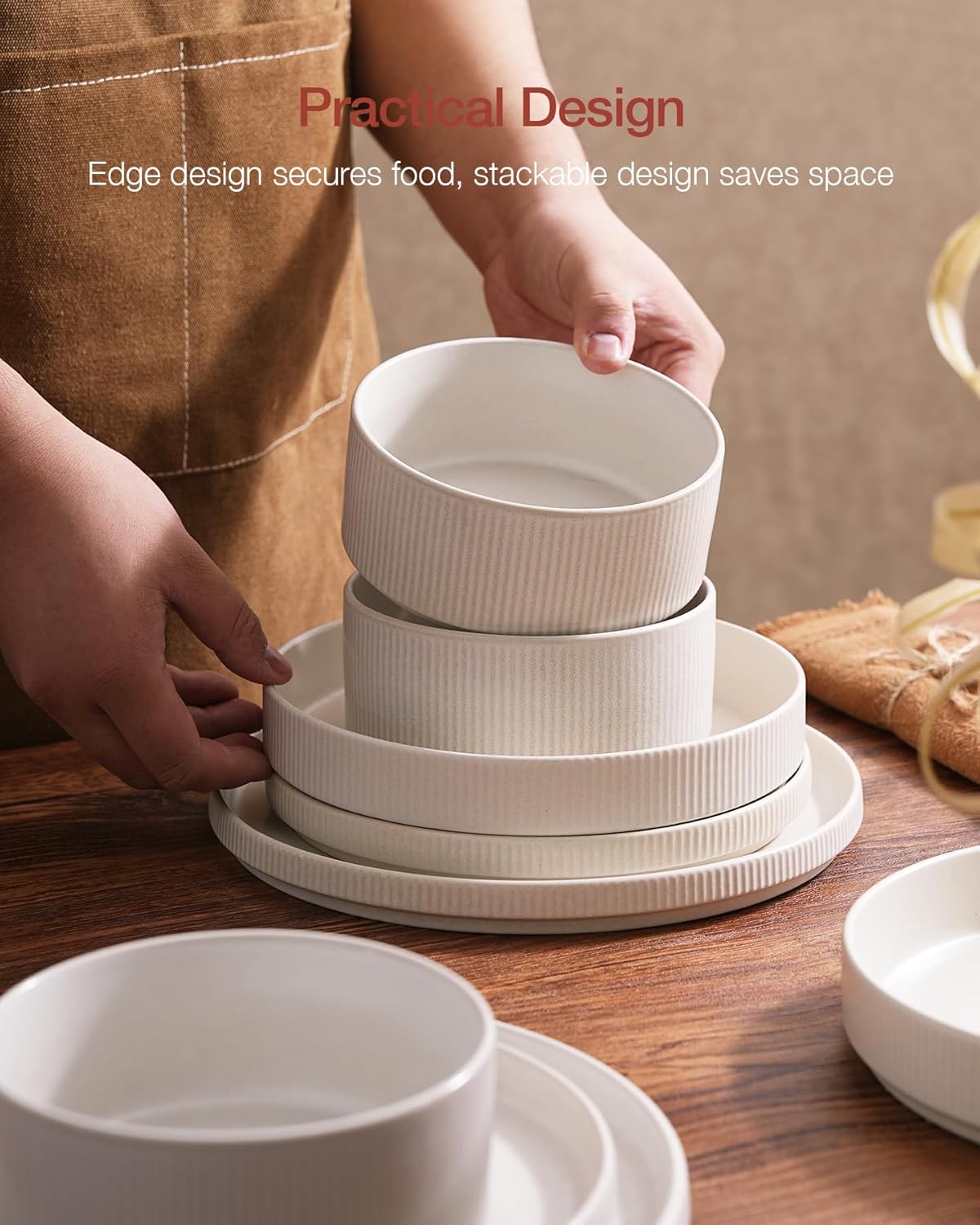ONE of ONE Dinnerware Sets, Plates and Bowls Set for 4, 12 Pieces Ribbed Dishes - Chip and Scratch Resistant, Microwave and Dishwasher Safe Tableware, Matte White