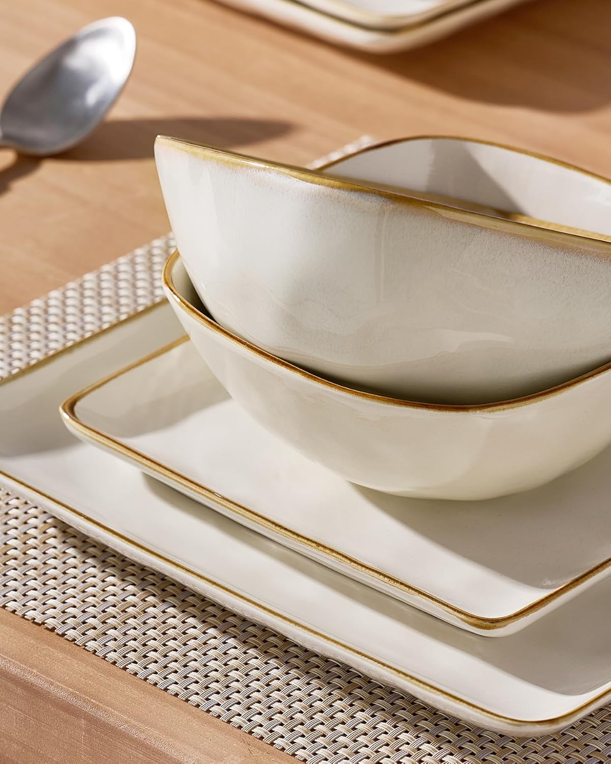 ONE of ONE Dinnerware Sets for 4, Ocean Square 12-Piece Kitchen Plates and Bowls Sets, Reactive Glaze, Microwave and Dishwasher Safe, Scratch Resistant, Cappuccino White