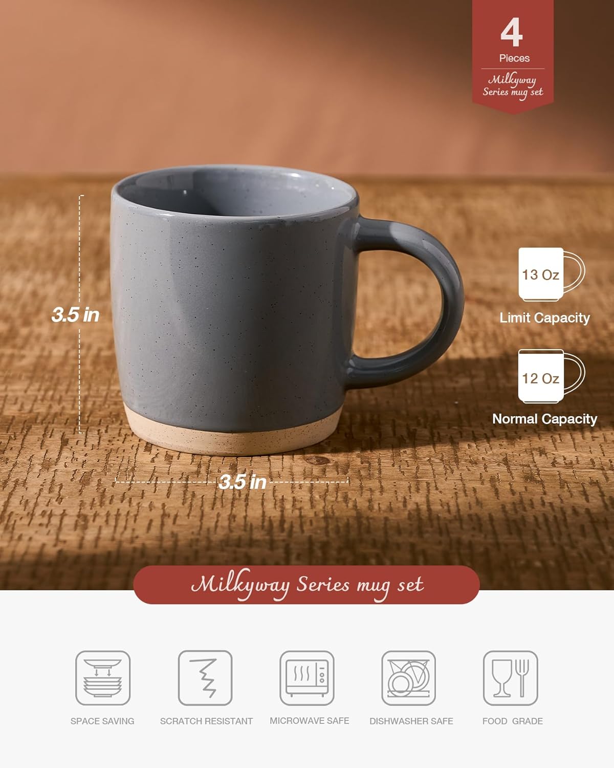 ONE of ONE Coffee Mugs for 4, 13 oz Mug Set, Dringking Cup with Handle for Coffee, Tea, Cocoa, Milk, Milkyway serise, Gray.