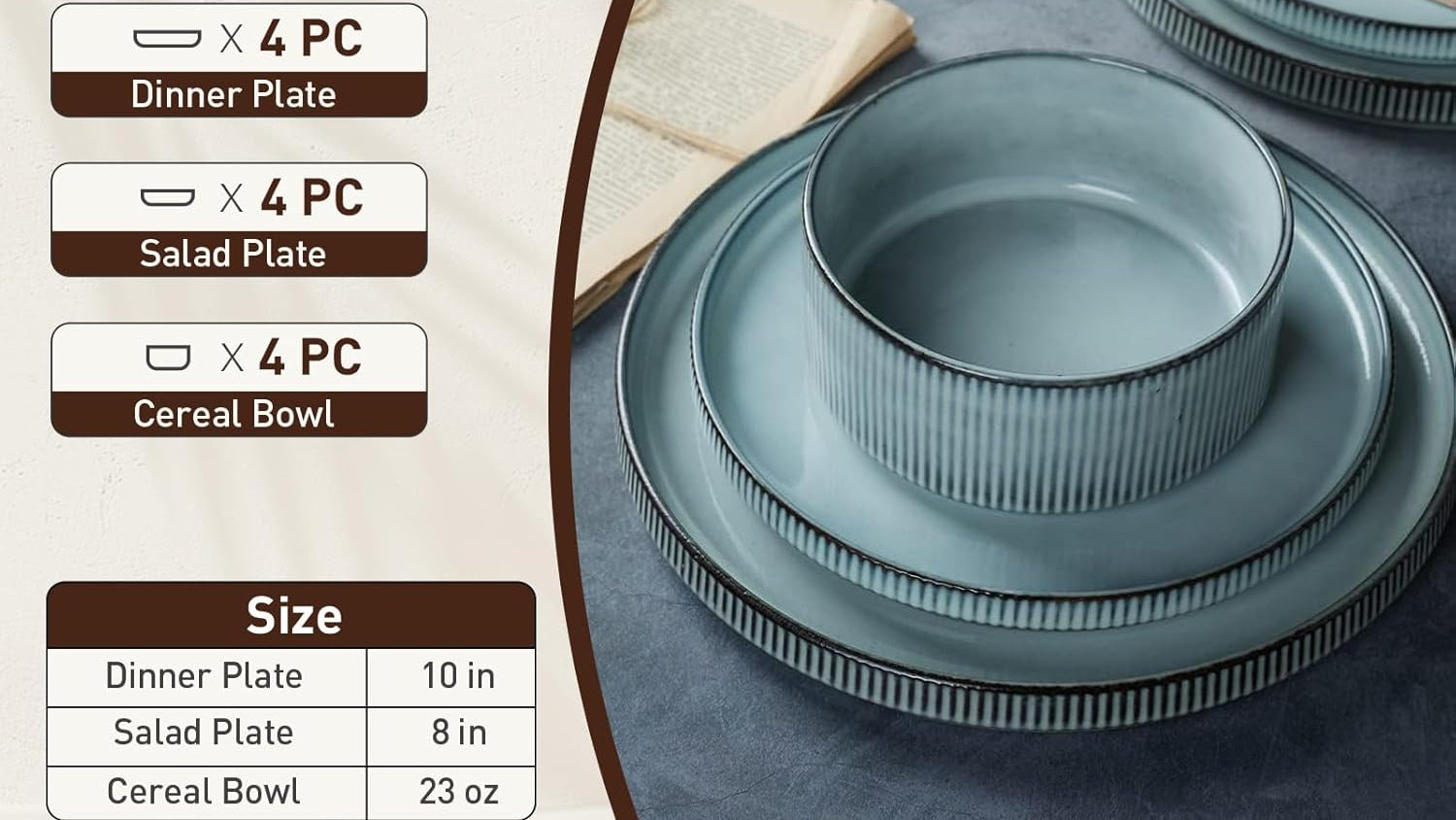 ONE of ONE Dinnerware Sets, Plates and Bowls Set for 4, 12 Pieces Ribbed Dishes - Chip and Scratch Resistant, Microwave and Dishwasher Safe Tableware, Smoky Blue
