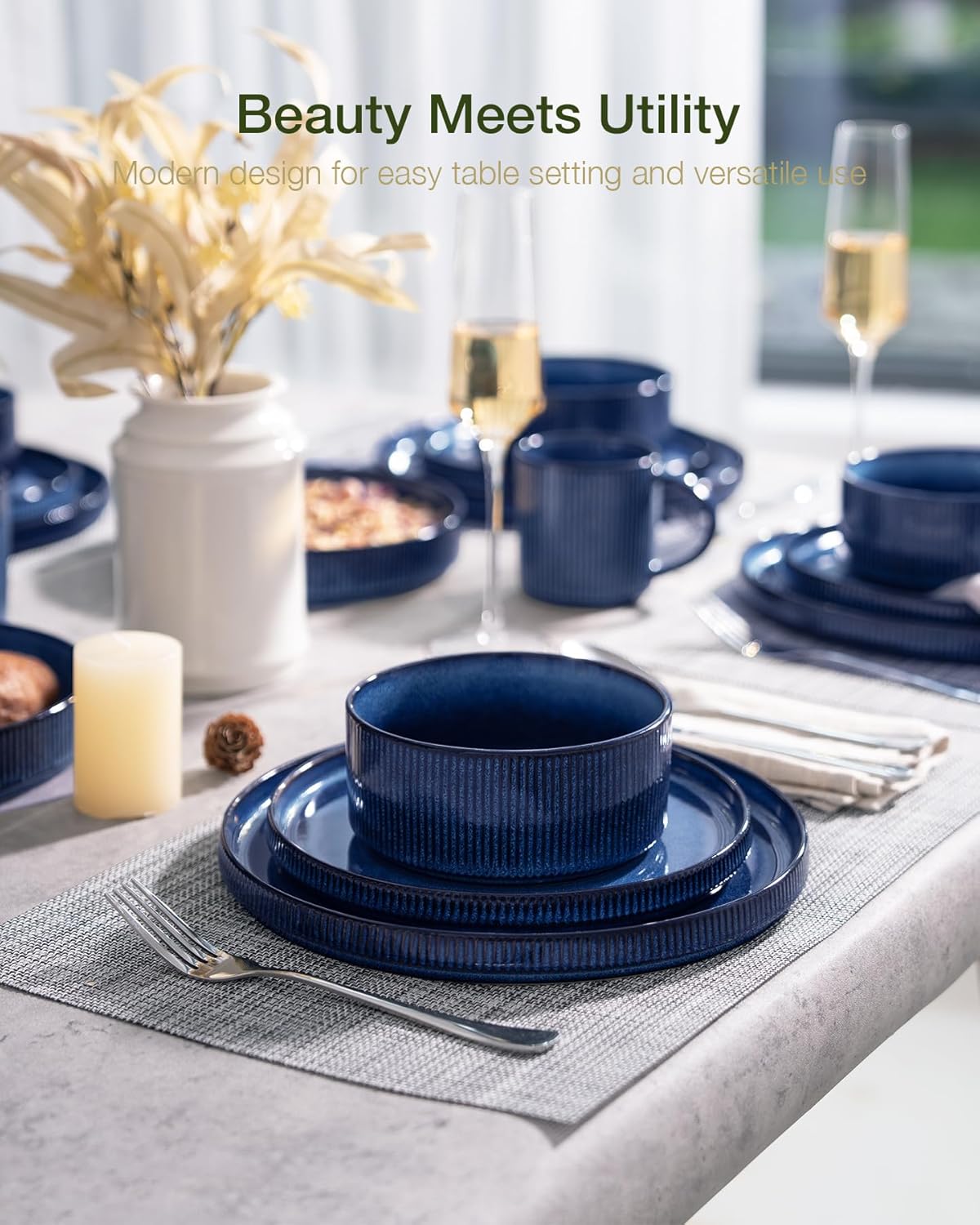 ONE of ONE Dinnerware Sets, Plates and Bowls Set for 4, 12 Pieces Ribbed Dishes - Chip and Scratch Resistant, Microwave and Dishwasher Safe Tableware, Nebulas Blue