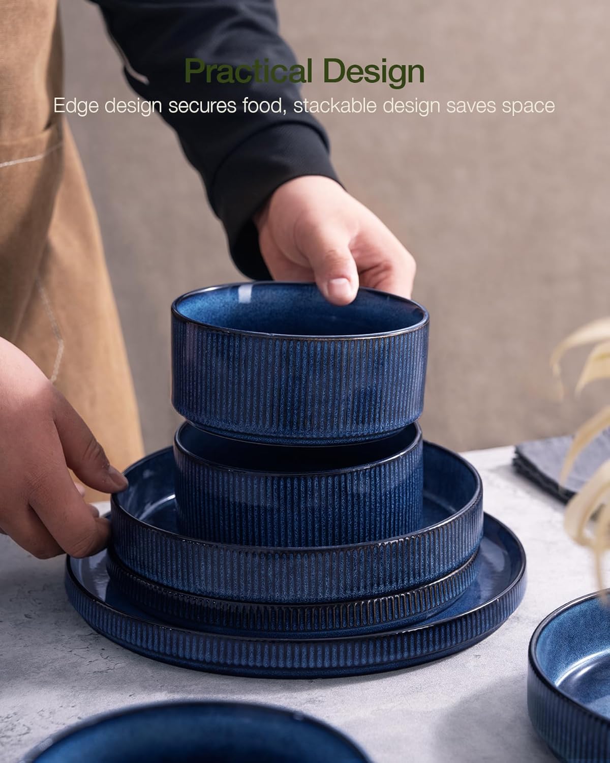 ONE of ONE Dinnerware Sets, Plates and Bowls Set for 4, 12 Pieces Ribbed Dishes - Chip and Scratch Resistant, Microwave and Dishwasher Safe Tableware, Nebulas Blue