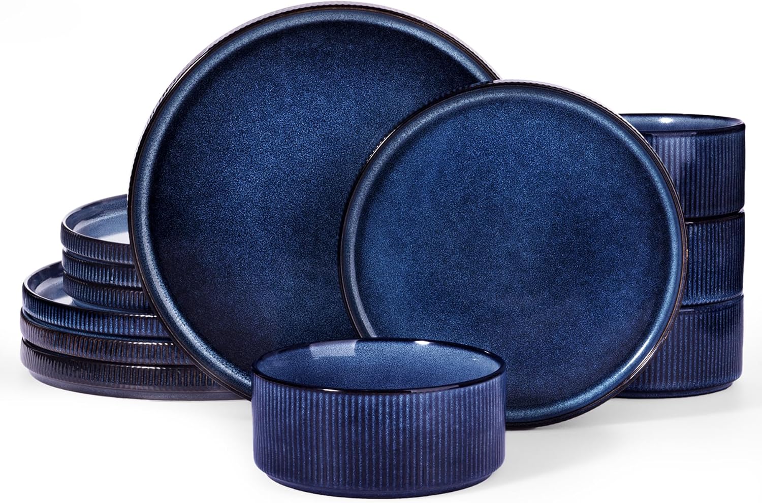 ONE of ONE Dinnerware Sets, Plates and Bowls Set for 4, 12 Pieces Ribbed Dishes - Chip and Scratch Resistant, Microwave and Dishwasher Safe Tableware, Nebulas Blue