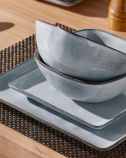 ONE of ONE Dinnerware Sets for 4, Ocean Square 12-Piece Kitchen Plates and Bowls Sets, Reactive Glaze, Microwave and Dishwasher Safe, Scratch Resistant, Gray.