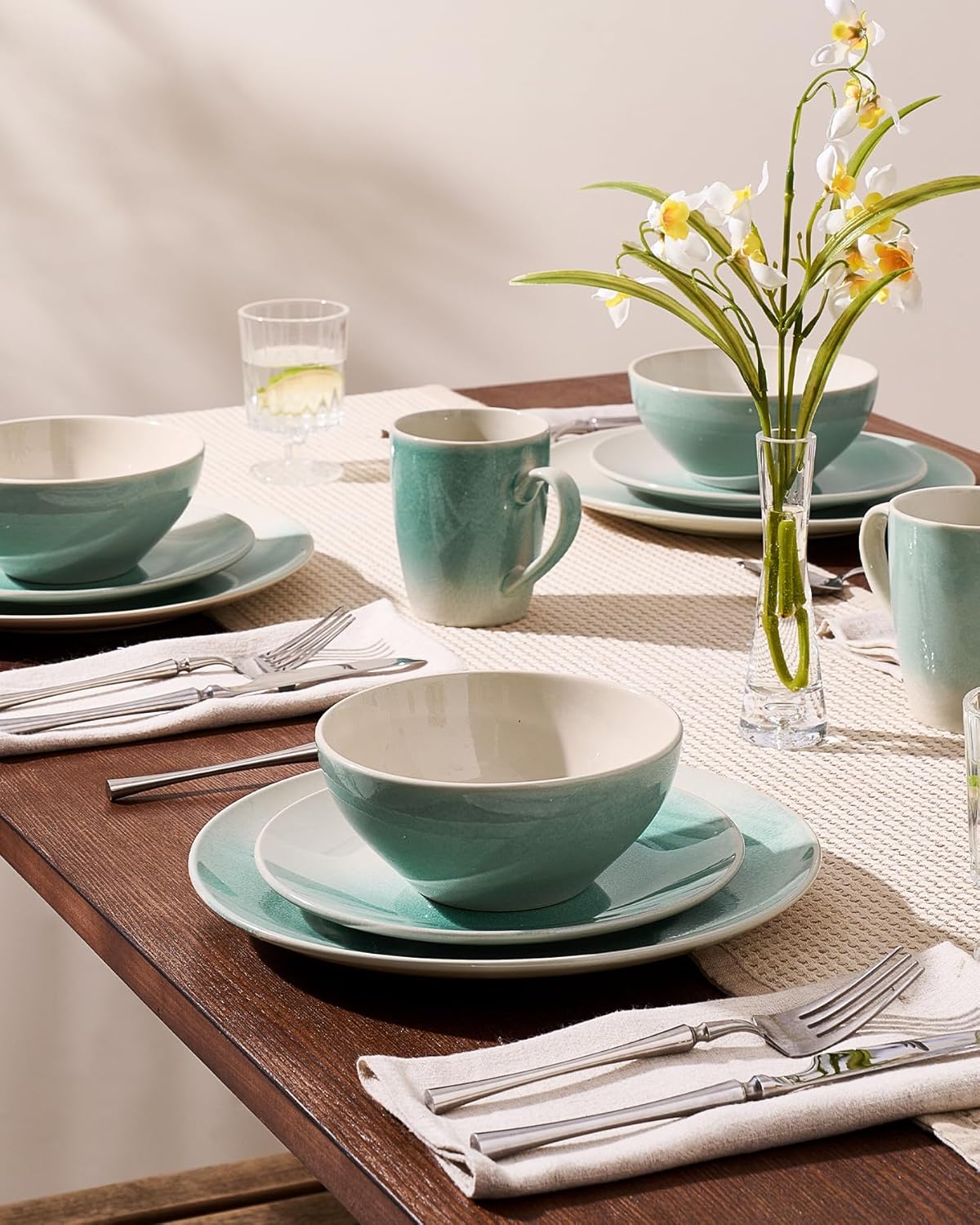 One of One Glacier Stoneware Dinnerware Set of 24 - Iced Green