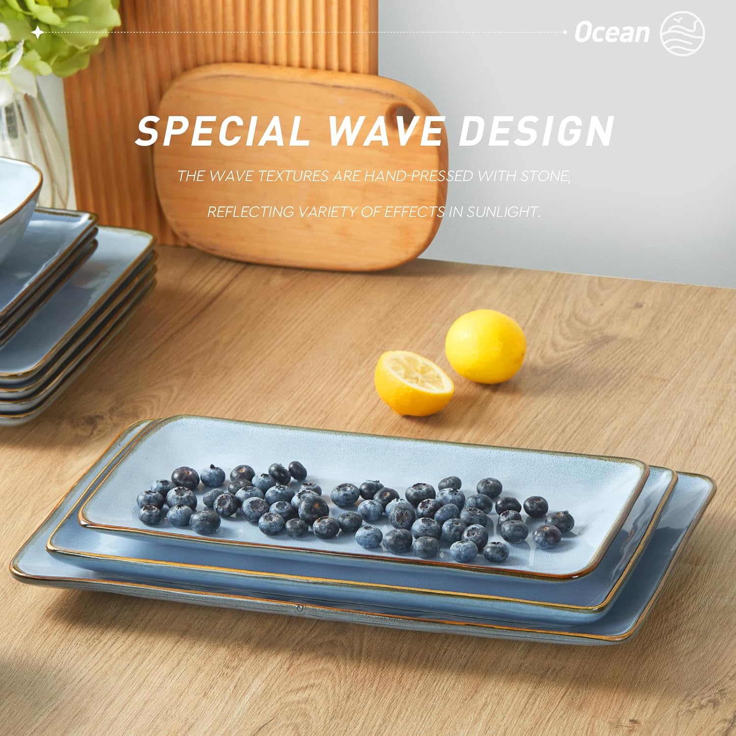 ONE of ONE Serving Platter, Rectangular 15.67/14.1/12.6inch Serving Dishes for Entertaining, Reactive Glaze, Stoneware Serving Trays for Party, Food, Turkey, Snack, Cheese, Ocean Series, Blue