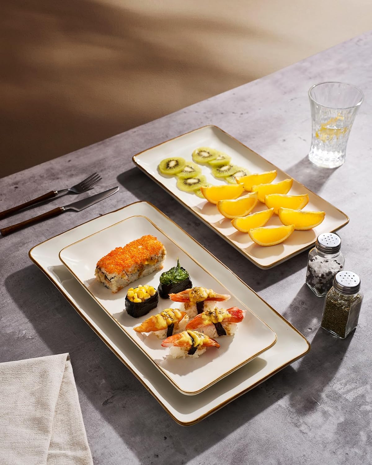 ONE of ONE Serving Platter, Rectangular 15.67/14.1/12.6inch Serving Dishes for Entertaining, Microwave Dishwasher Safe, Stoneware Serving Trays for Party, Turkey, Cheese, Ocean Series, Vanilla White