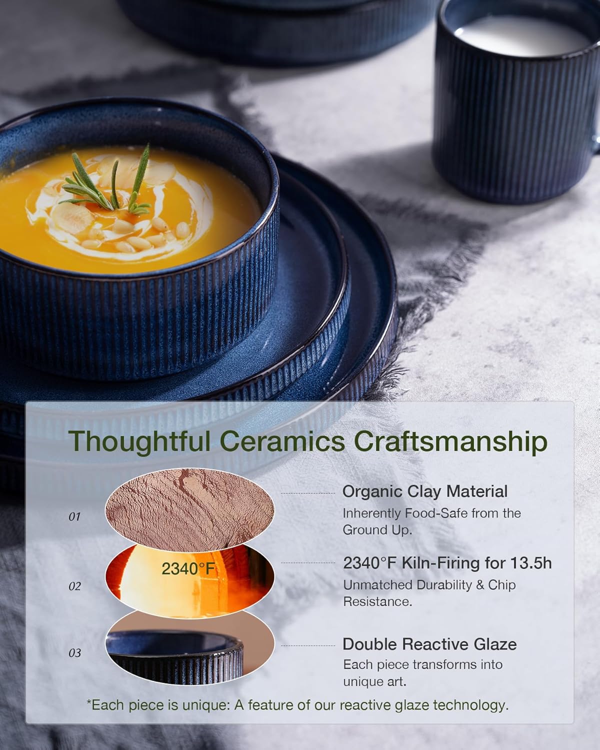 ONE of ONE Dinnerware Sets, Plates and Bowls Set for 4, 12 Pieces Ribbed Dishes - Chip and Scratch Resistant, Microwave and Dishwasher Safe Tableware, Nebulas Blue