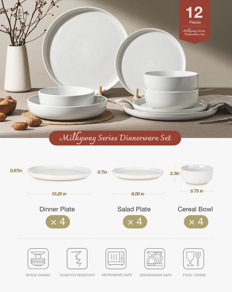 ONE of ONE Plates and Bowls Set, 12 Pieces Dinnerware Sets, Dishes Set for 4, White