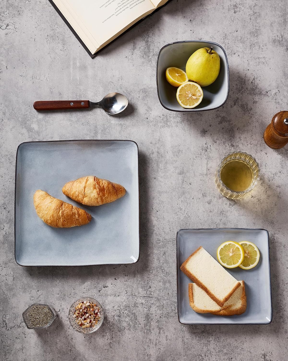 ONE of ONE Dinnerware Sets for 4, Ocean Square 12-Piece Kitchen Plates and Bowls Sets, Reactive Glaze, Microwave and Dishwasher Safe, Scratch Resistant, Gray.